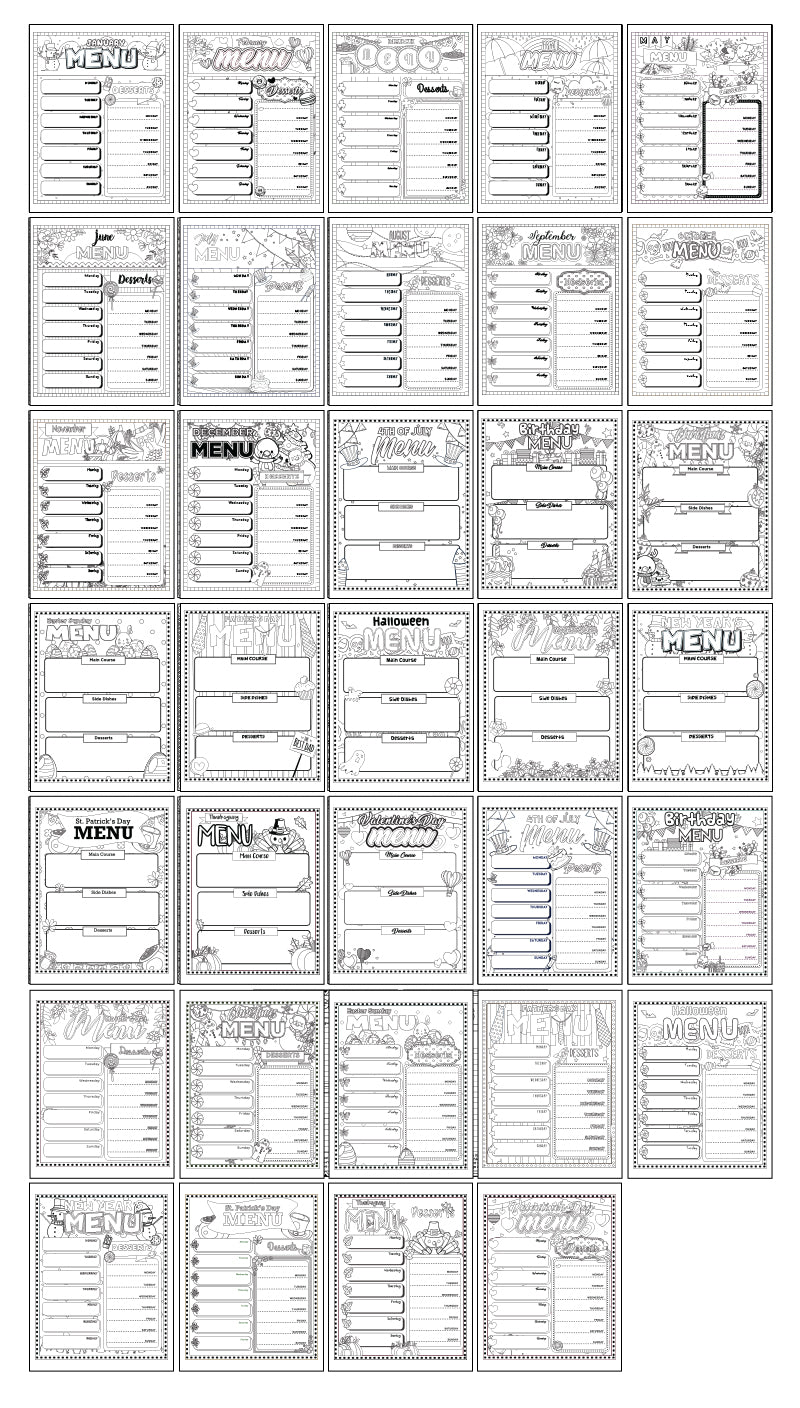 Magnificent Menus Planner - 35 Page Printable Digital Journal and Coloring Book Pages