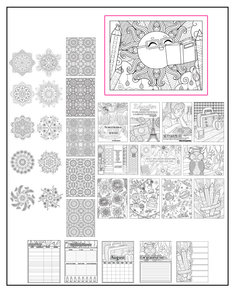 August and School-Themed Coloring Book and Planner, Mandalas - 33-Page Printable PDF for Adults and Children