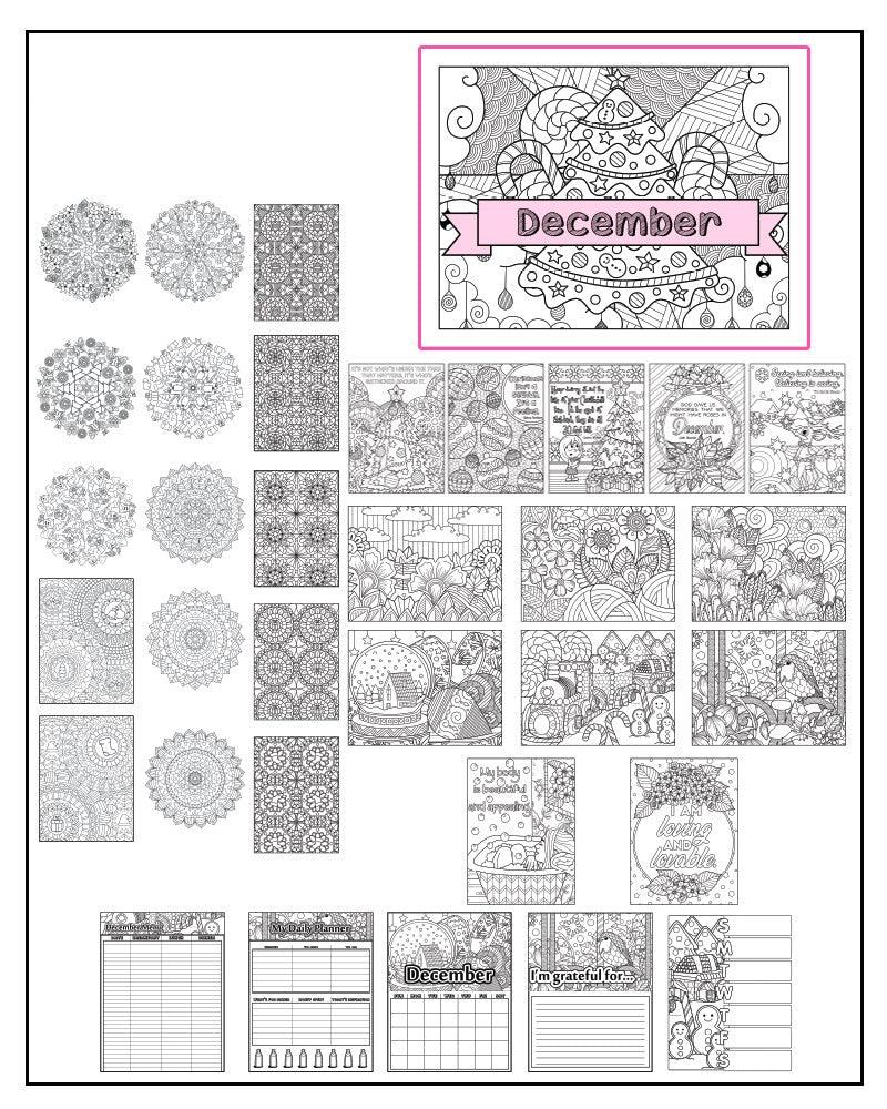 December and Christmas-Themed Coloring Book and Planner, Mandalas - 35-Page Printable Digital PDF for Adults and Children