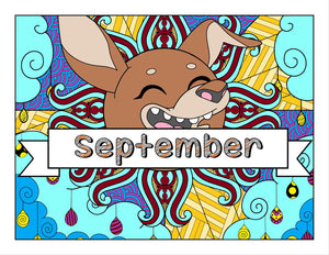 September and dog-themed Coloring Book and Planner, Mandalas - 35-Page Printable PDF for Adults and Children