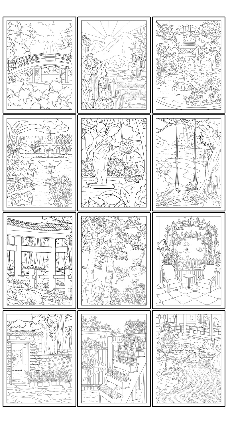 Gorgeous Gardens 12-Page Printable Digital Coloring Book PDF