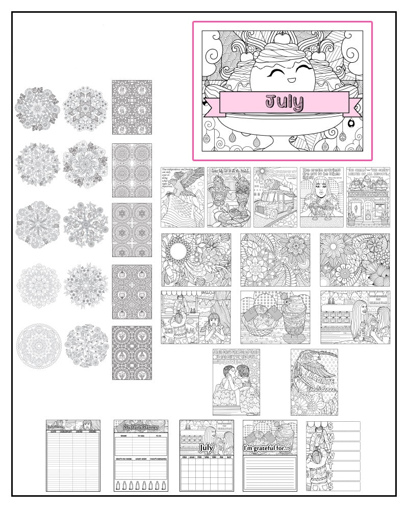 July and Ice Cream Themed Coloring Book and Planner, Mandalas - 35-Page Printable PDF for Adults and Children