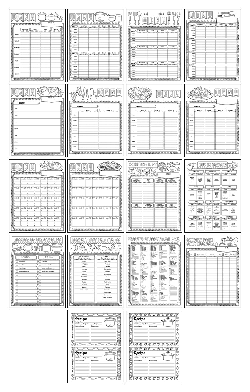 Gorgeous Grocery and Menu Planner - 18 Page Printable Digital Planner Coloring Pages