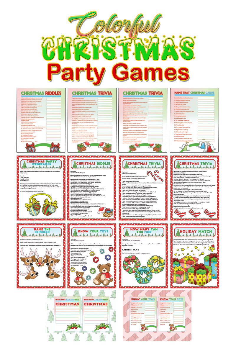 COLORFUL Christmas Party Games 14-Page Printable and Digital PDF