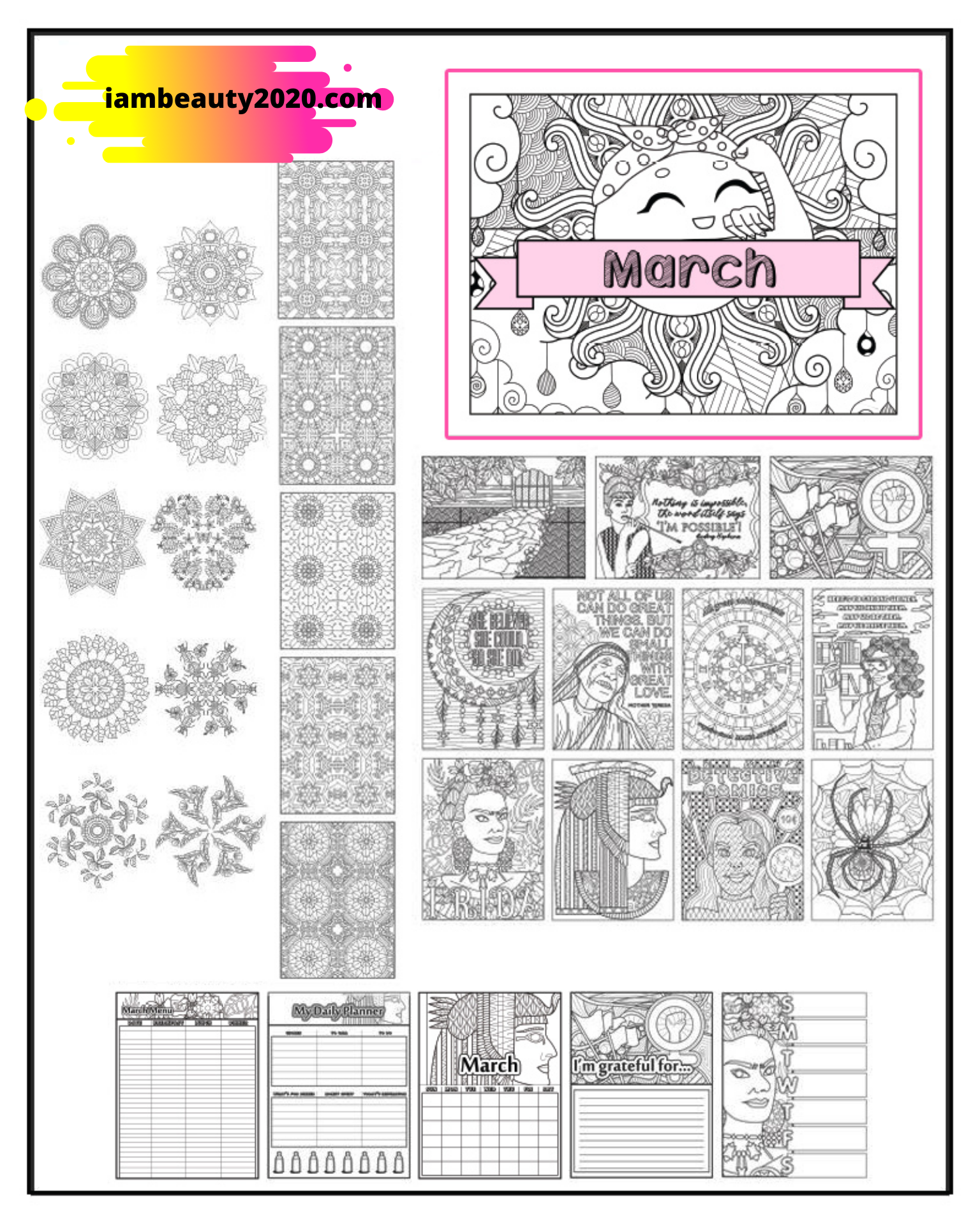 Printable Adult Coloring Book Pages & March Calendar Planner PDF Bundle - I Am Beauty Watch Me Soar! Skincare beauty and wellness planner